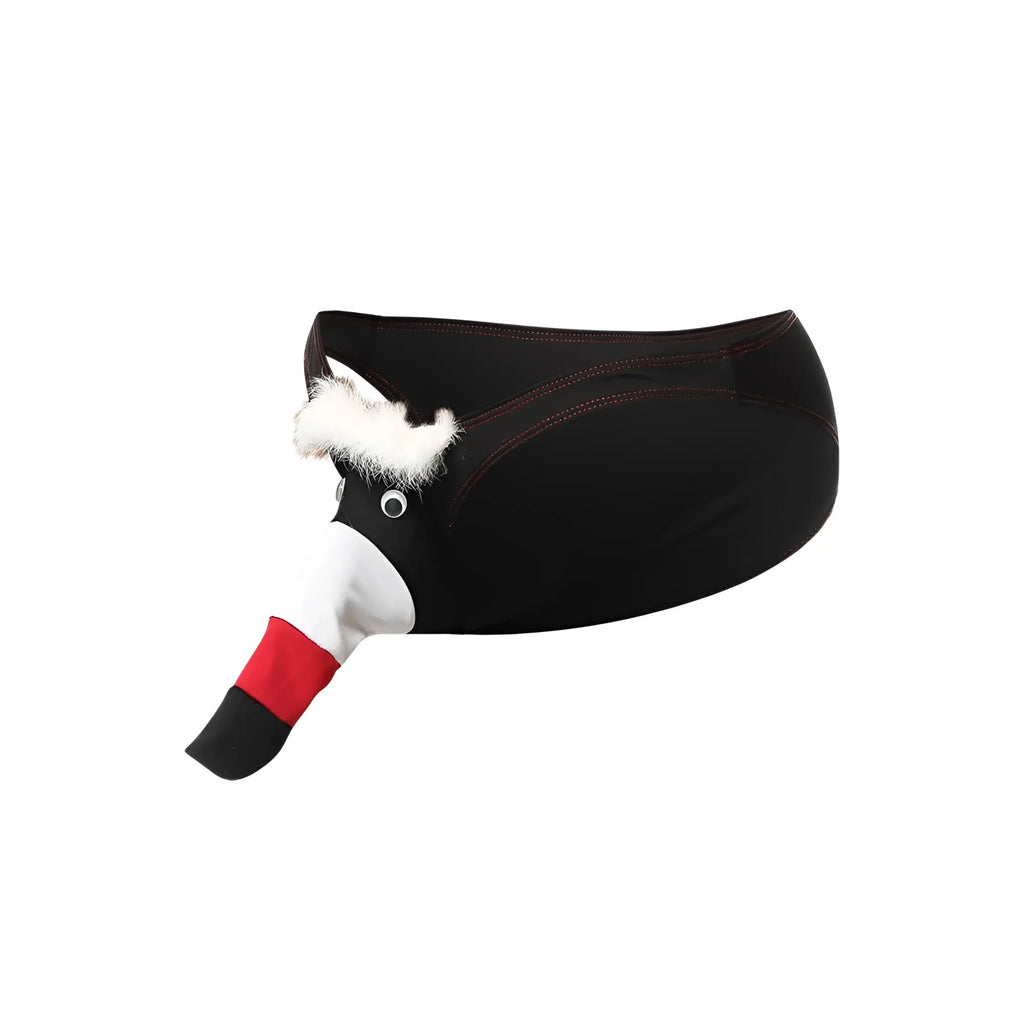 Black duck-shaped fanny pack with white fluffy beard and red black beak for toucan bikini for men accessory