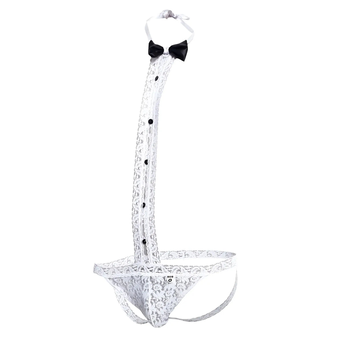 White lace menâ€™s tuxedo thong with black bow tie and button details for stylish lingerie wear