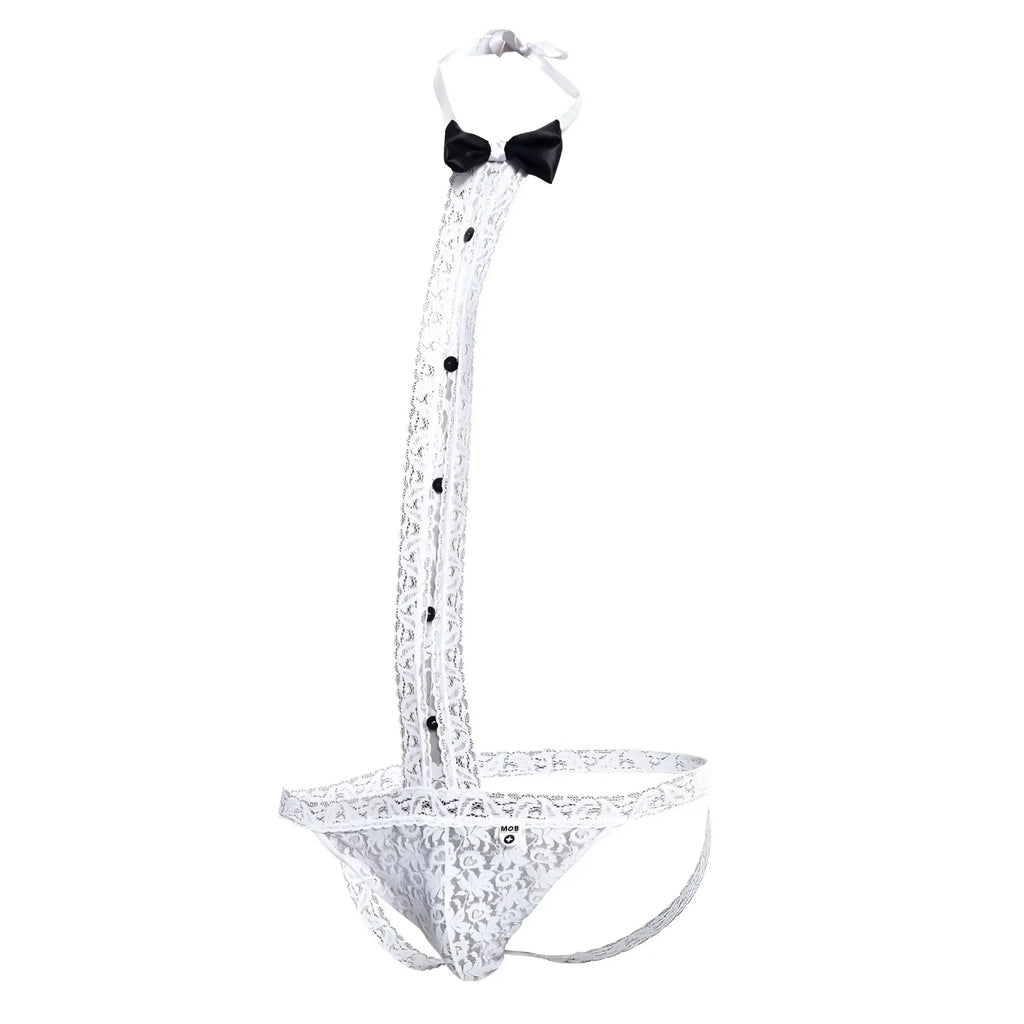 White lace menâ€™s lingerie tuxedo thong with black bow tie and button details for stylish intimate wear