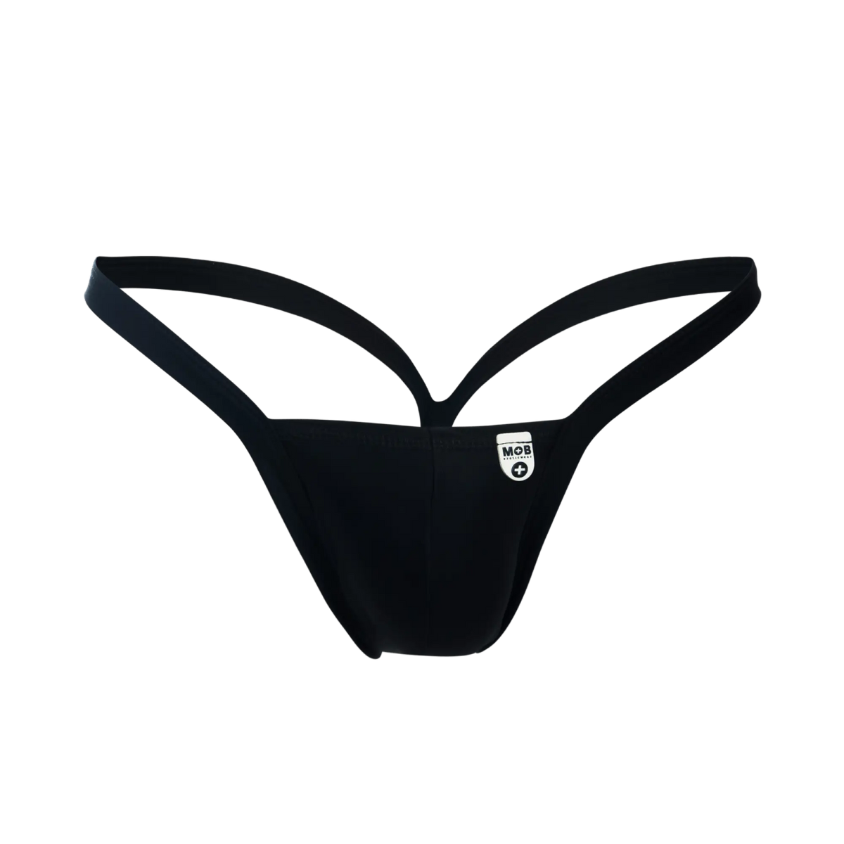 Black mob y buns thong with minimalist design and thin supportive straps shown from the back side