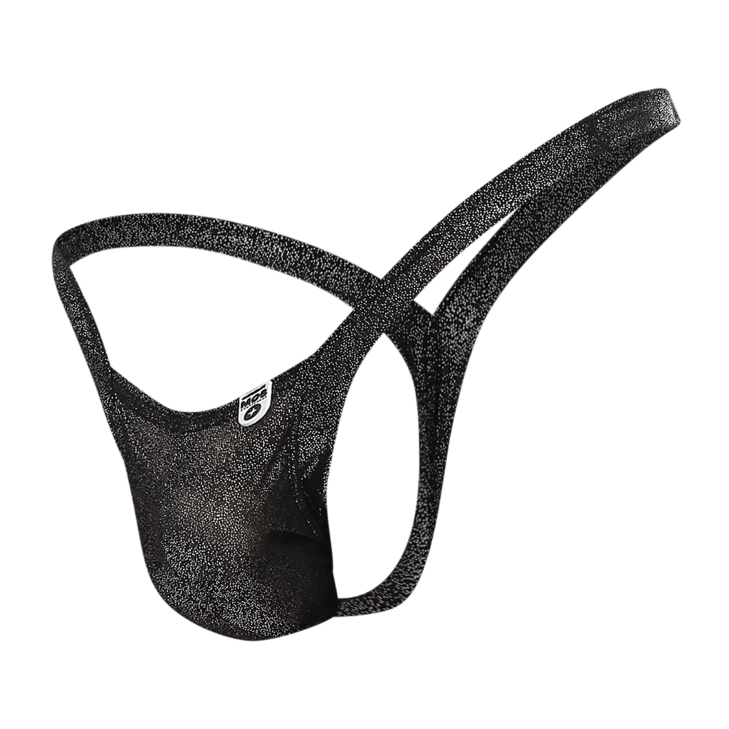 Black glittery menâ€™s briefs with subtle shimmering texture and small white logo on the side from MOB Y Buns Thong