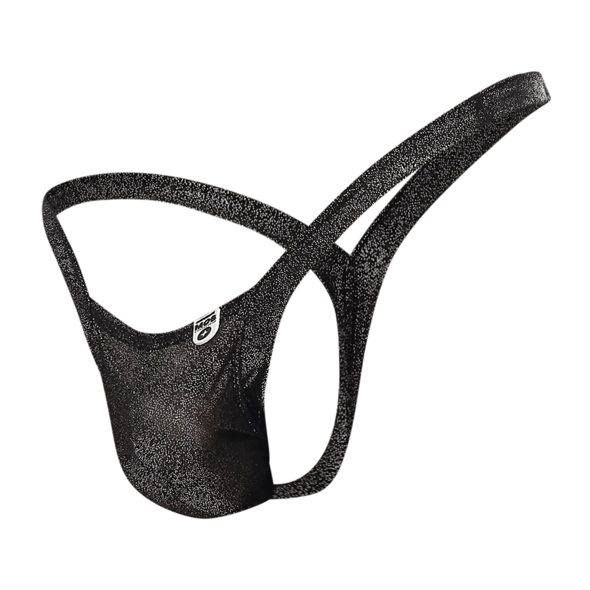 Black glittery menâ€™s briefs with subtle shimmering texture and small white logo on the side from MOB Y Buns Thong