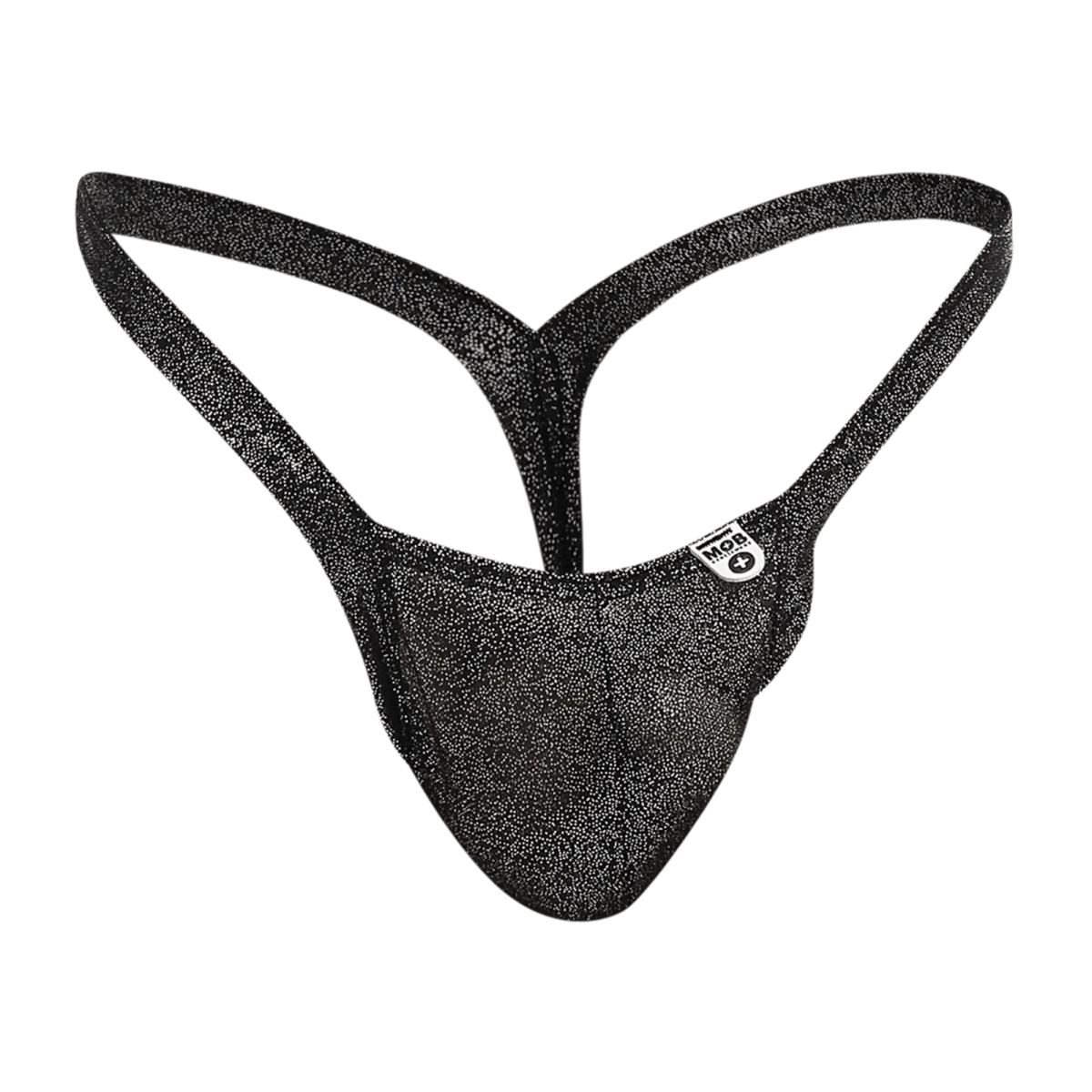 Black glittery thong with subtle shimmer and small white mob y buns brand tag on the side