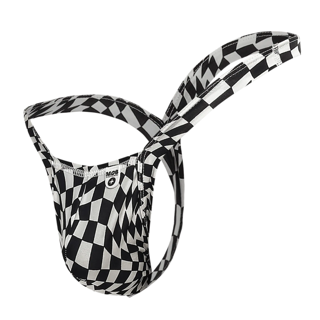 Mob y buns thong black and white checkered m2b menâ€™s briefs with a sleek form fitting design shown from the back