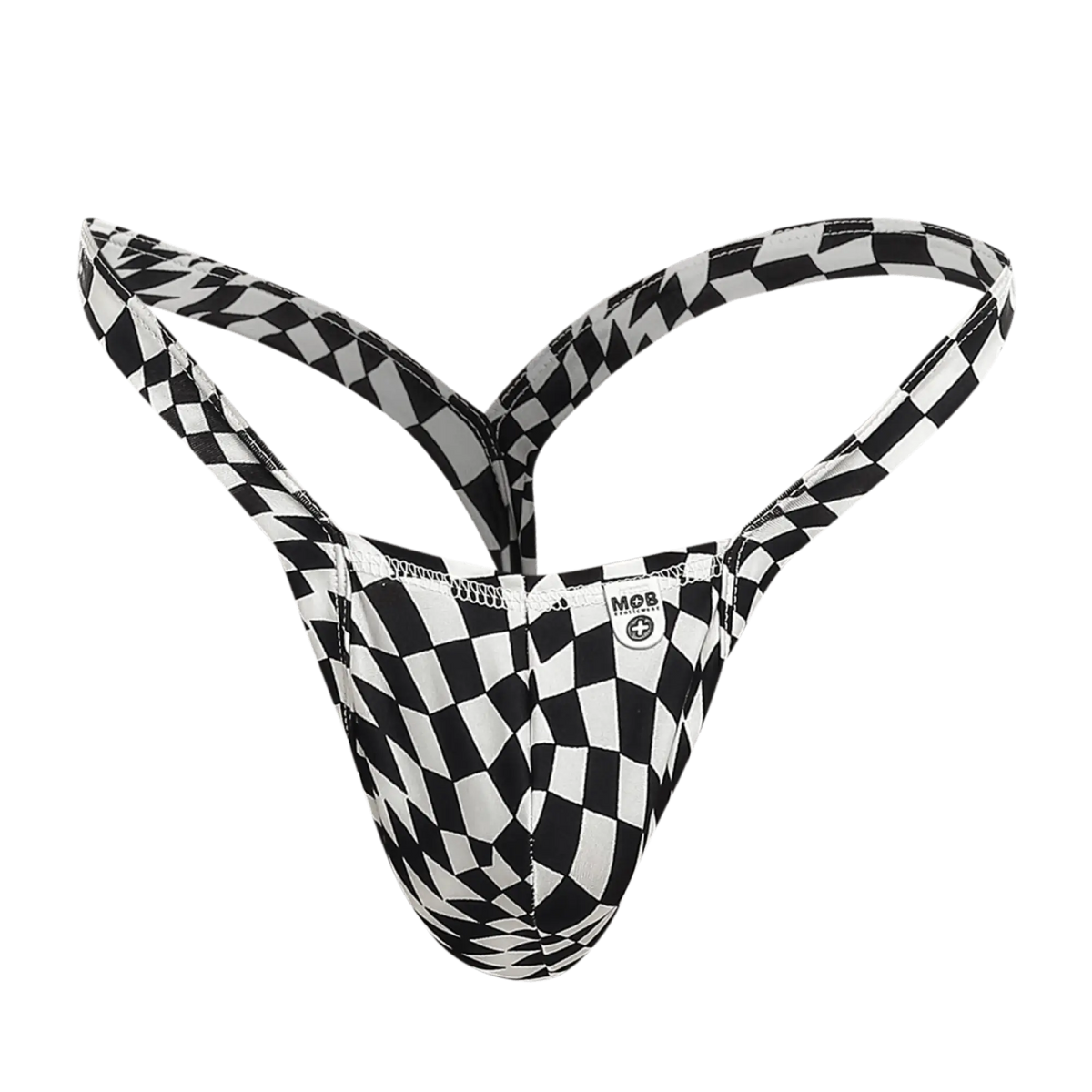 Black and white checkered menâ€™s thong with mob brand label designed for comfort and style in underwear collections