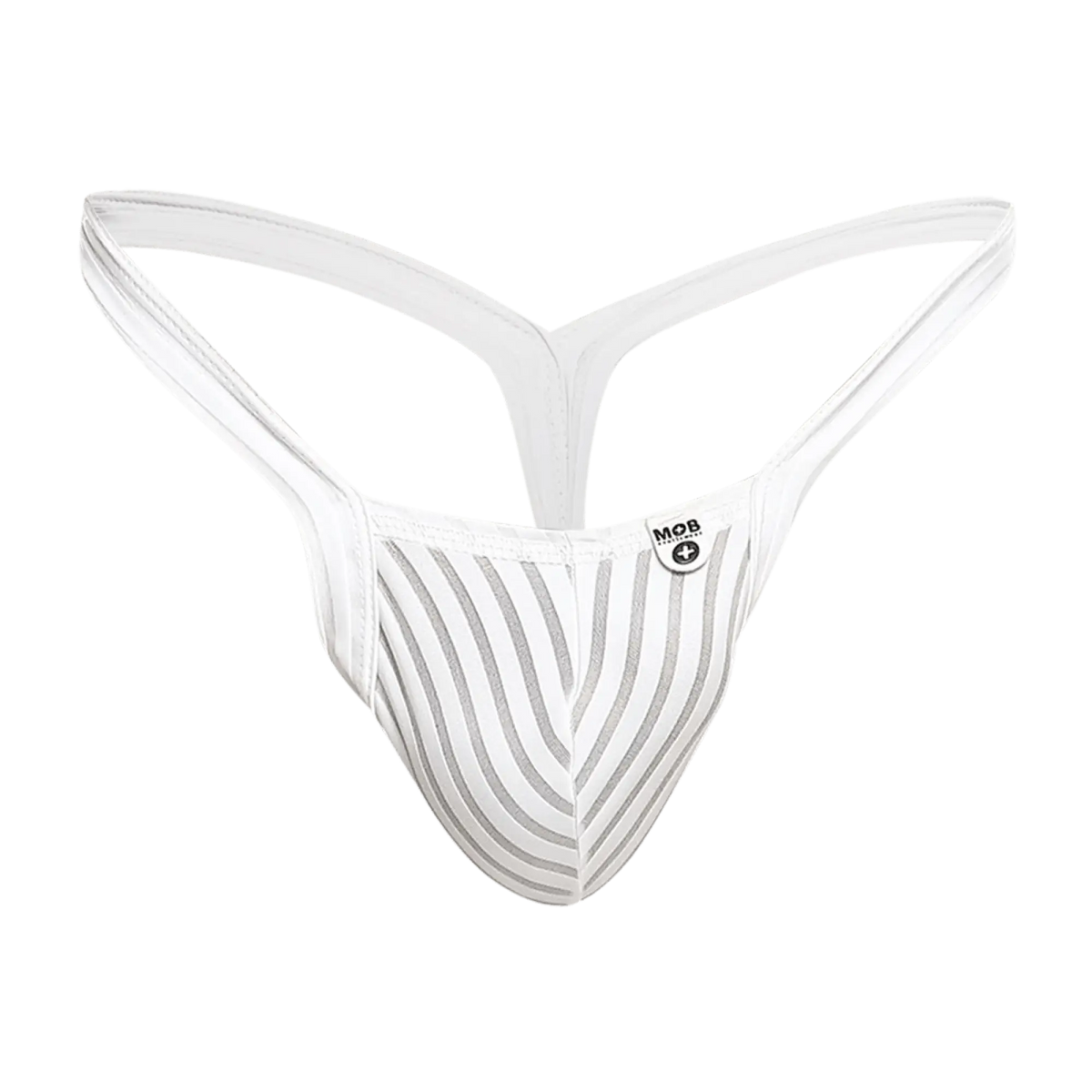 White striped mob y buns thong with sleek modern design and thin straps shown from the back side