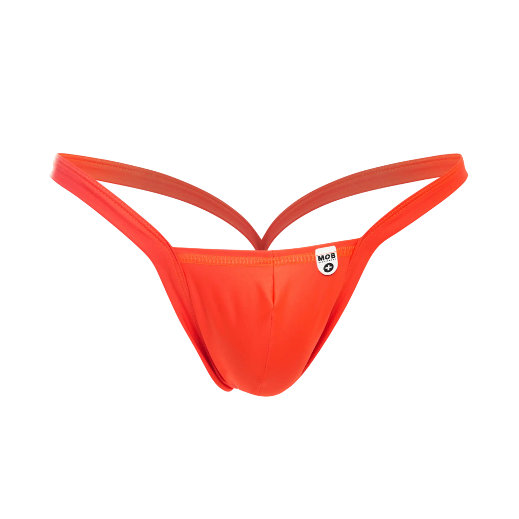 Vibrant orange mob y buns thong with sleek form-fitting design and thin straps shown from the back side