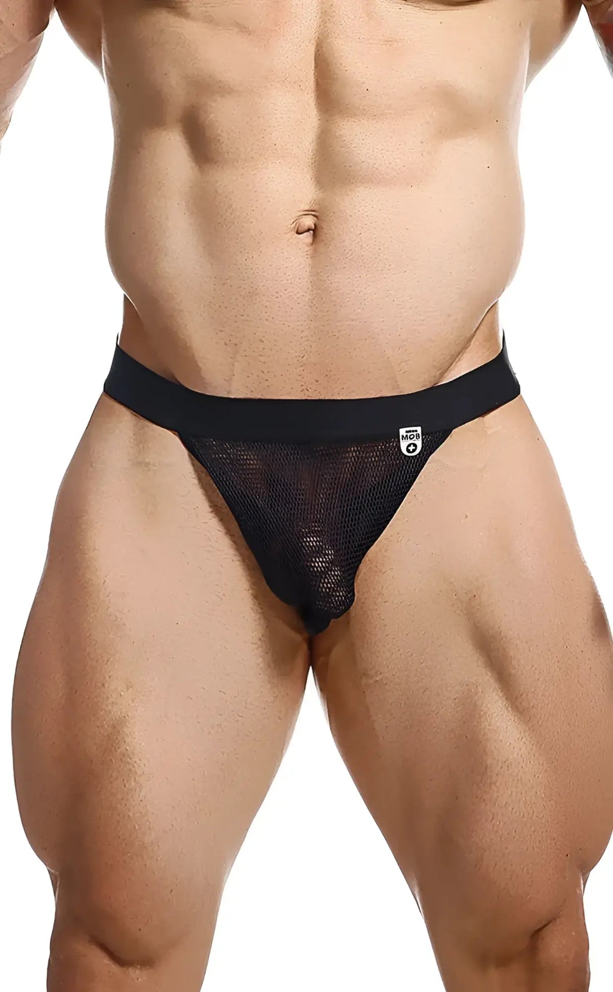 Black mesh briefs with solid black waistband from mob fisherman jock featuring breathable mesh fabric