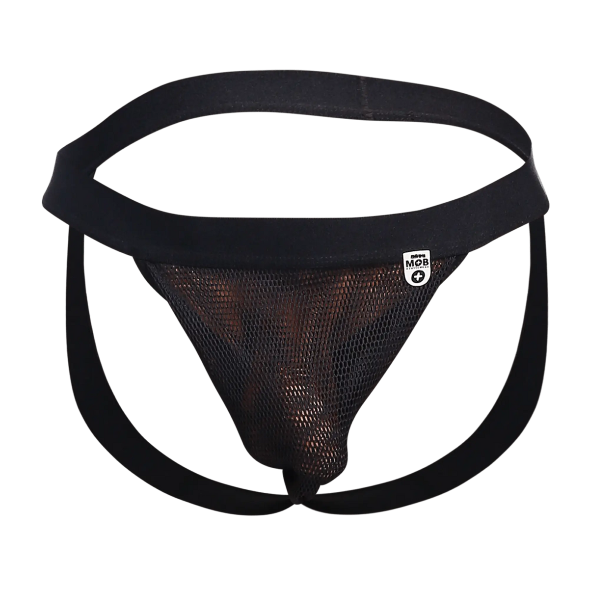 Black mesh MOB Fisherman jock briefs with solid black waistband leg straps and white mob brand tag on the side