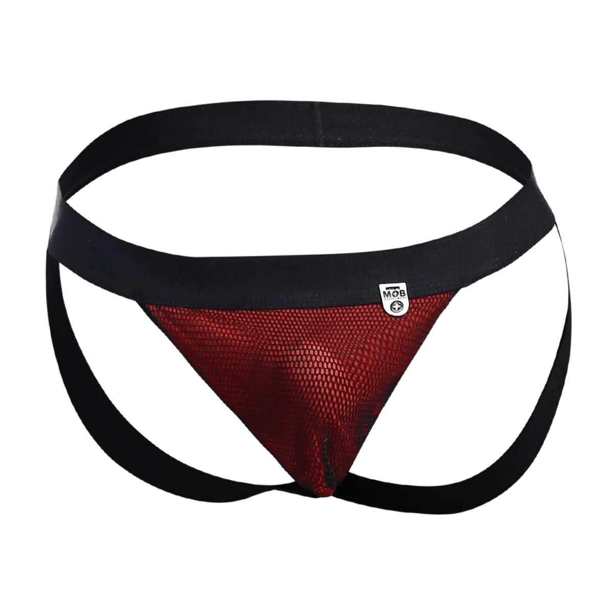 Black and red mesh athletic brief with black waistband featuring mob logo from mob fisherman jock collection
