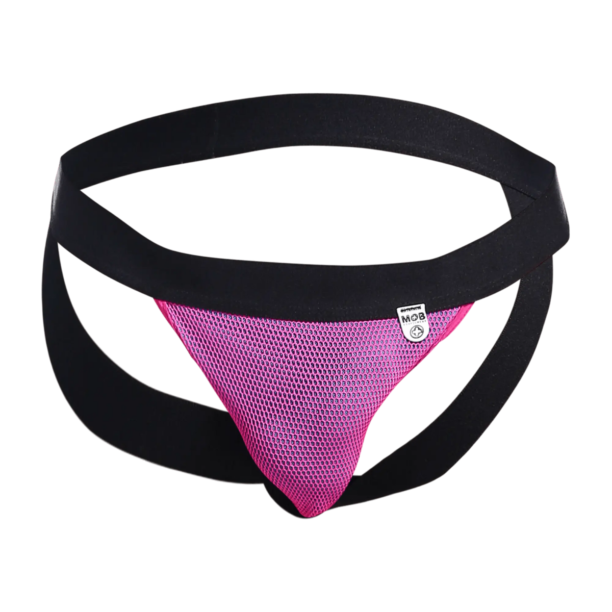 Pink mesh MOB Fisherman Jock athletic brief with black elastic waistband and side straps for active wear