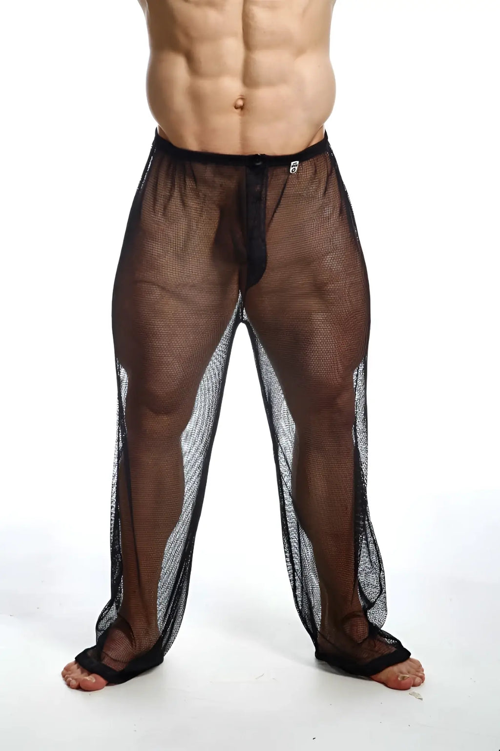 Black mesh menâ€™s swim trunks mob fishnet pants with solid black waistband and reinforced cuffs