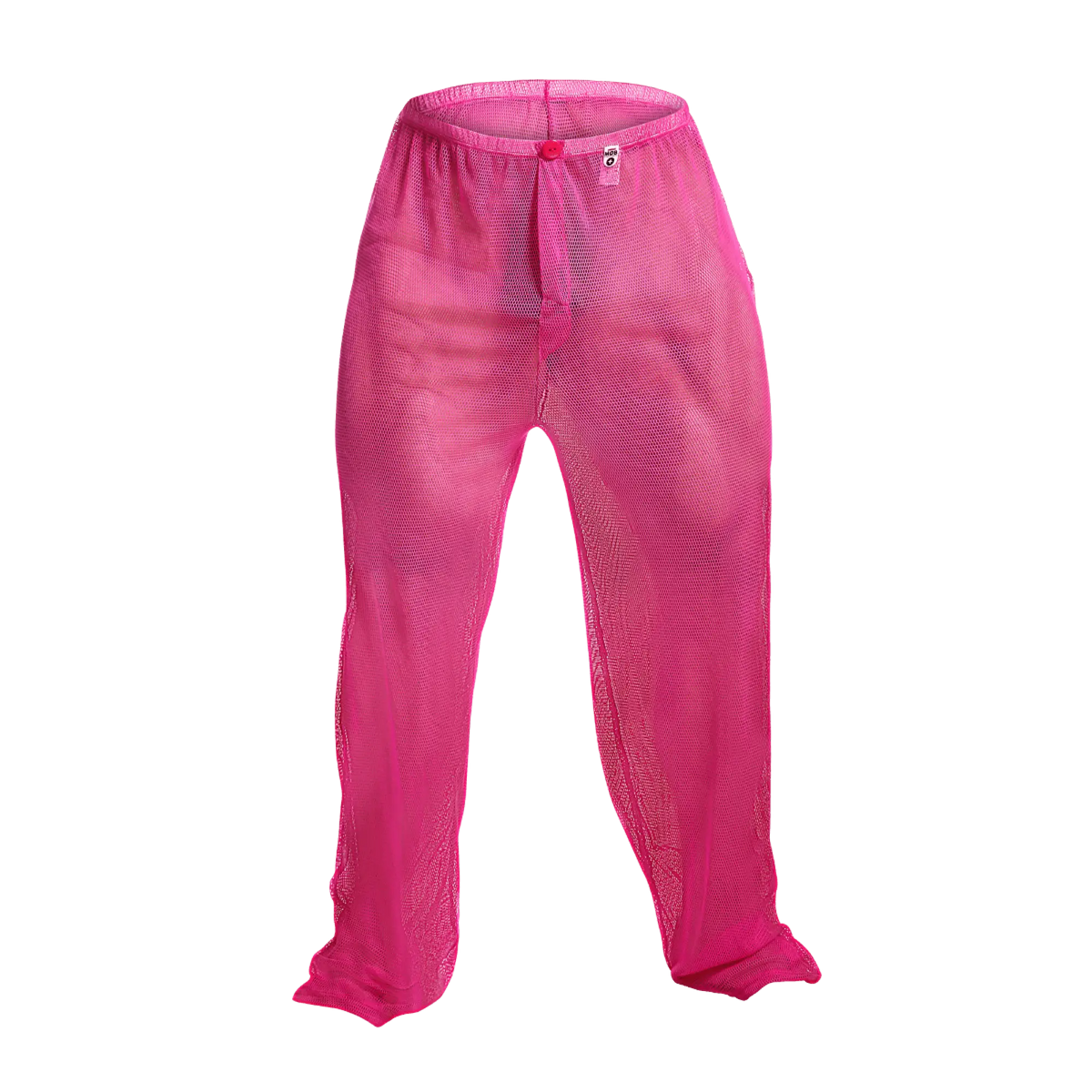 MOB fishnet pants in bright pink mesh with an elastic waistband and a small front tag