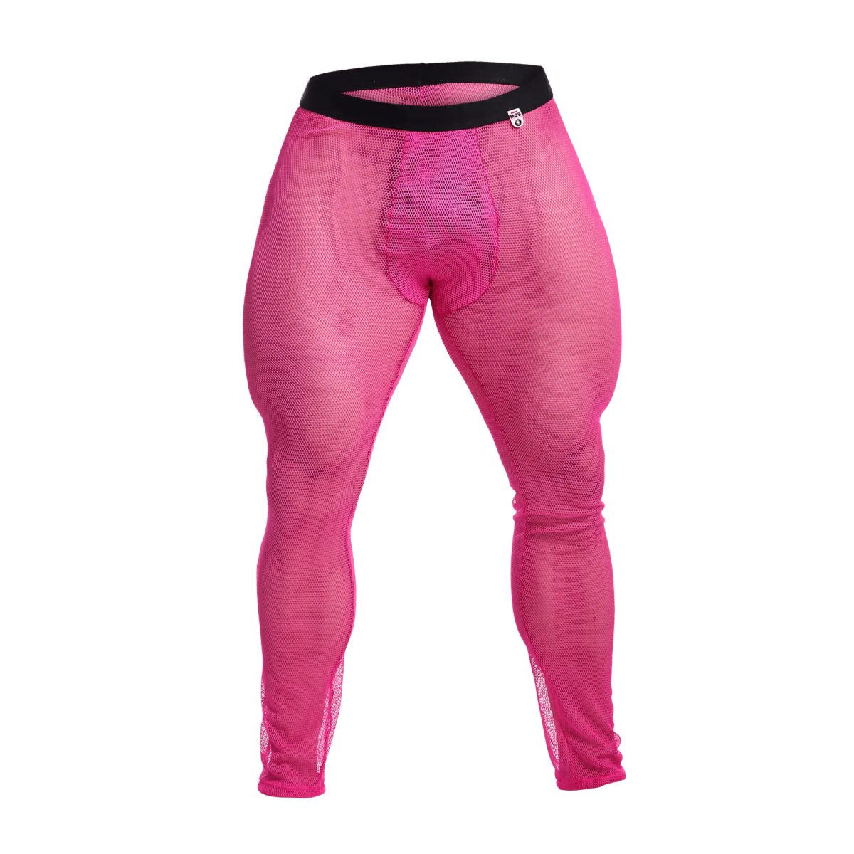 Bright pink fishnet tights with black waistband made of mesh material for stylish and breathable wear