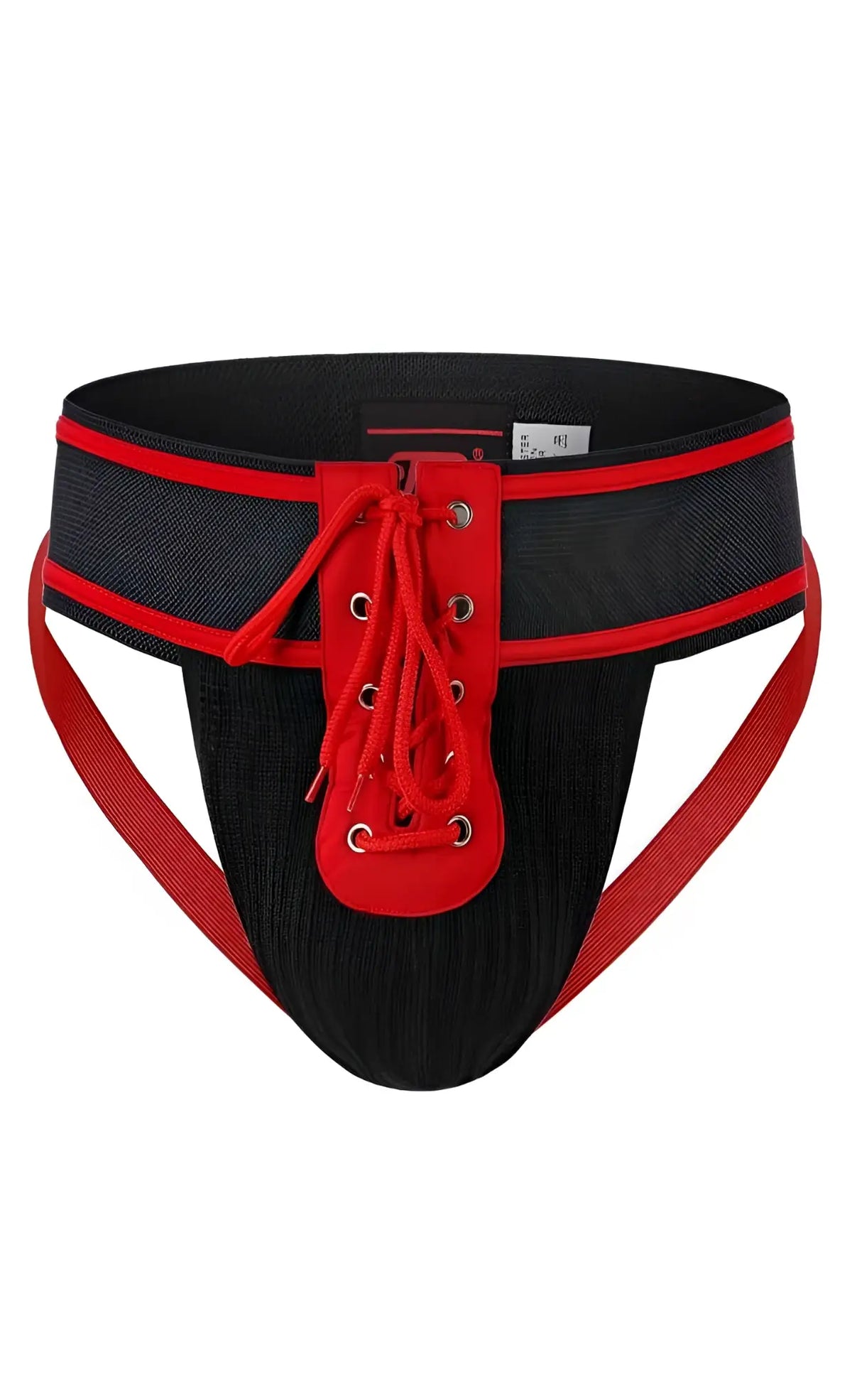 Black and red lace-up mob football jockstrap with textured fabric waistband for athletic support