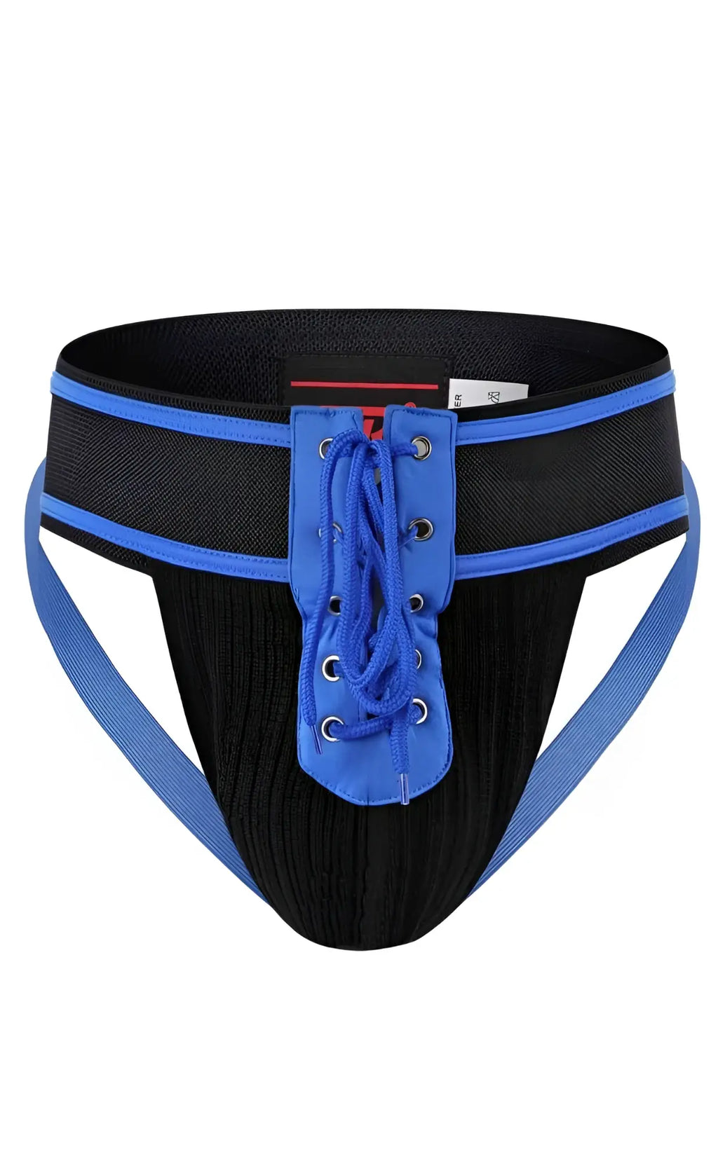 Black athletic MOB football jockstrap briefs with blue trim and lace-up front designed for sports use