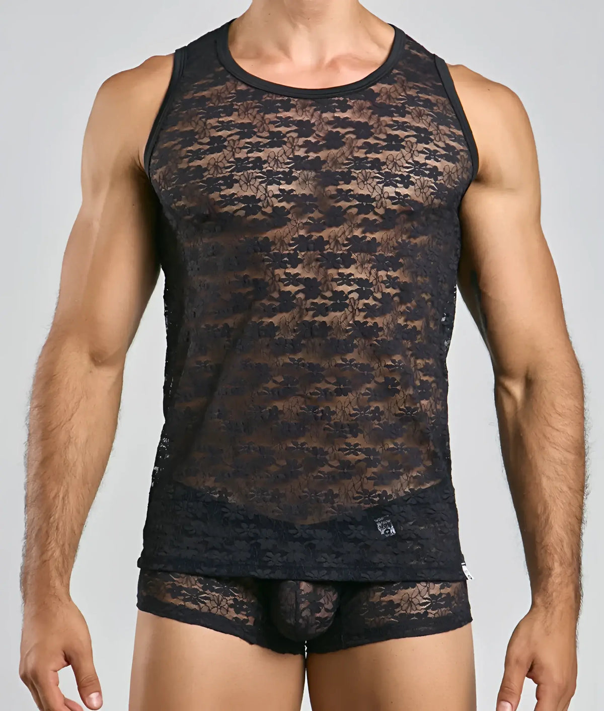 Black floral lace menâ€™s tank top mob lace tank top featuring sheer lace fabric and floral design