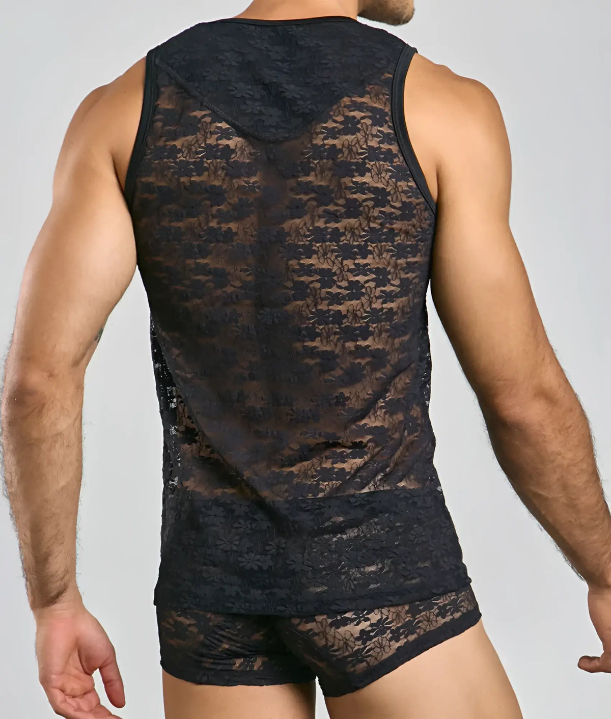 Black lace hooded tank top with floral pattern showing intricate lace detailing from mob collection