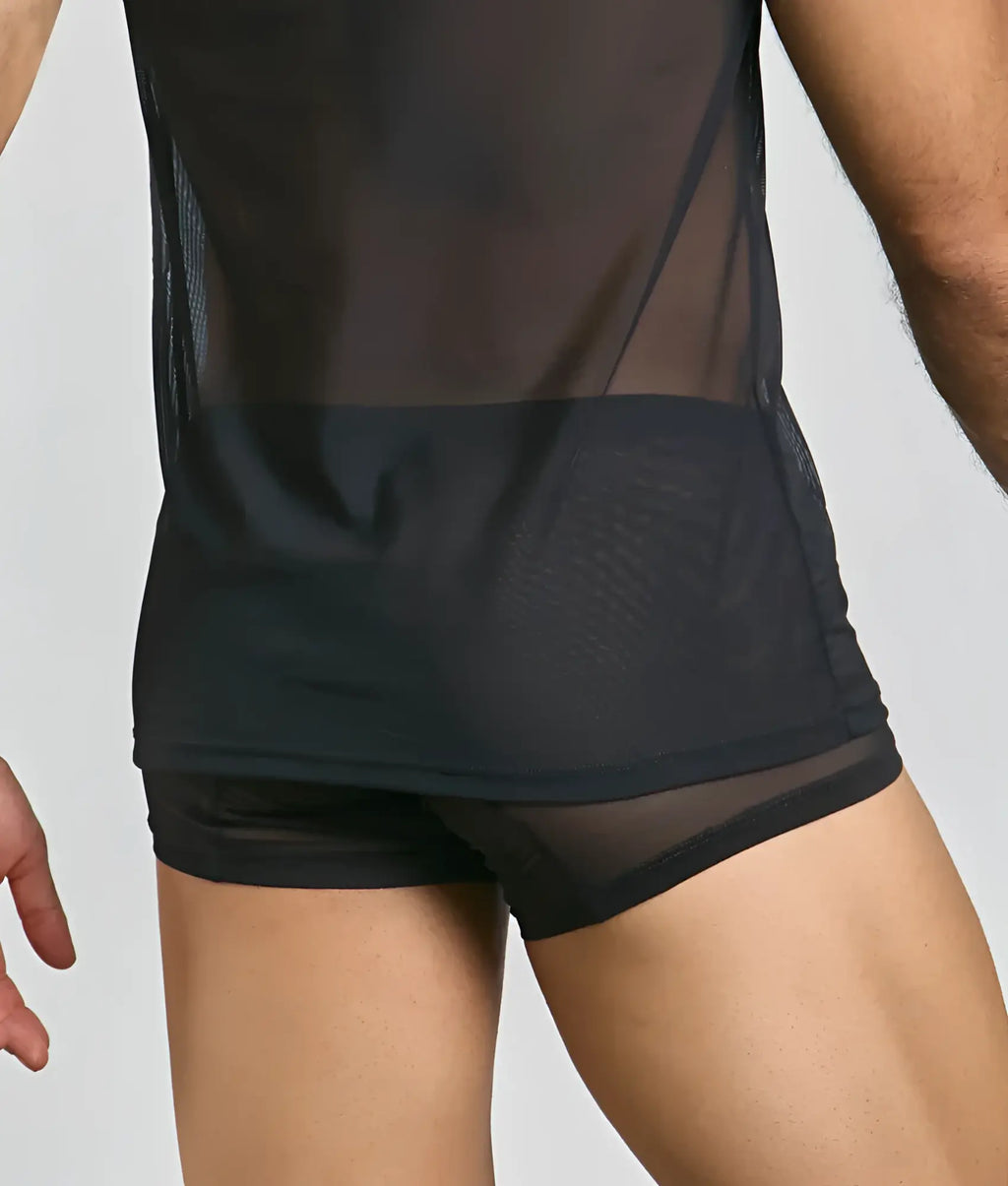 Black sheer mesh athletic shorts with solid black waistband and reinforced side panels paired with MOB lace tank top