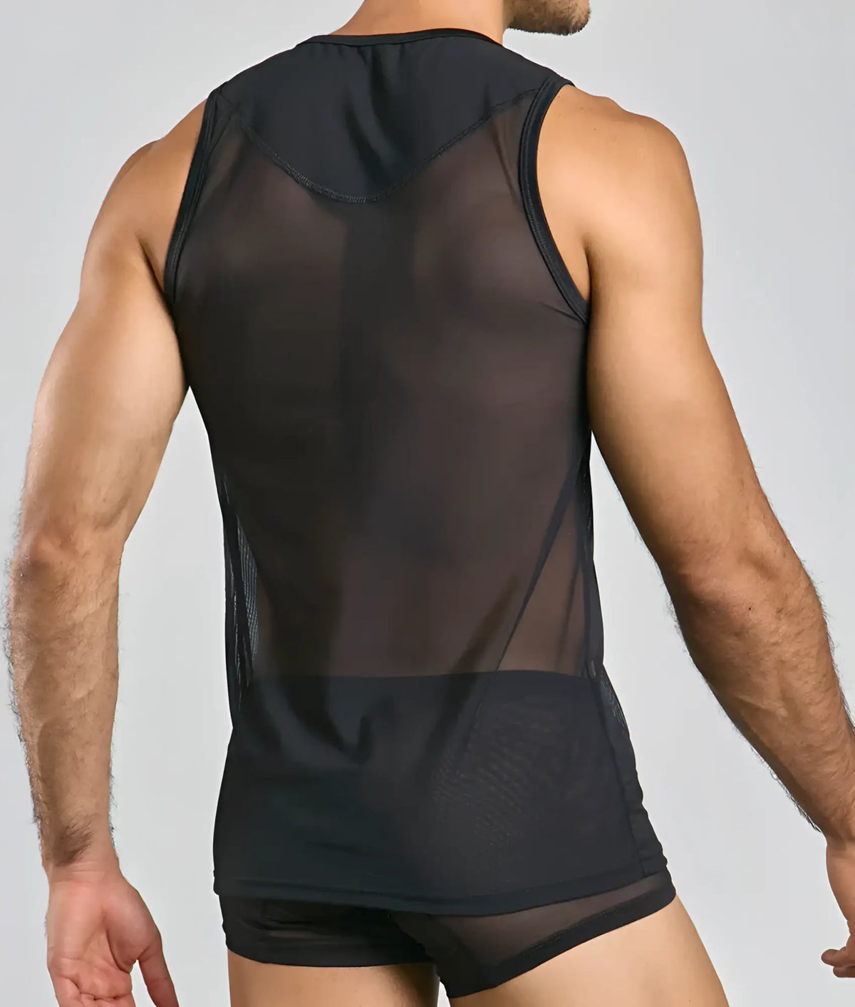Black sheer mesh tank top with solid black bottom panel lace detail for stylish layering and breathable wear
