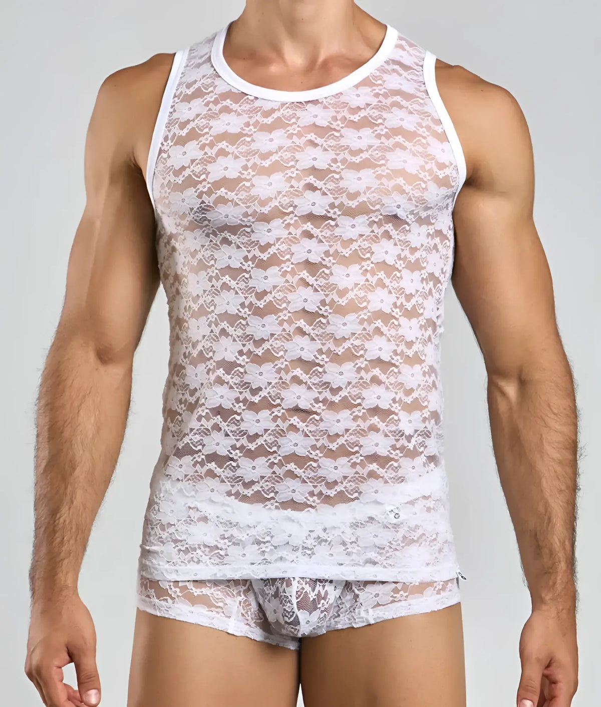 White floral lace menâ€™s tank top with round neckline and matching shorts from MOB Lace Tank Top collection
