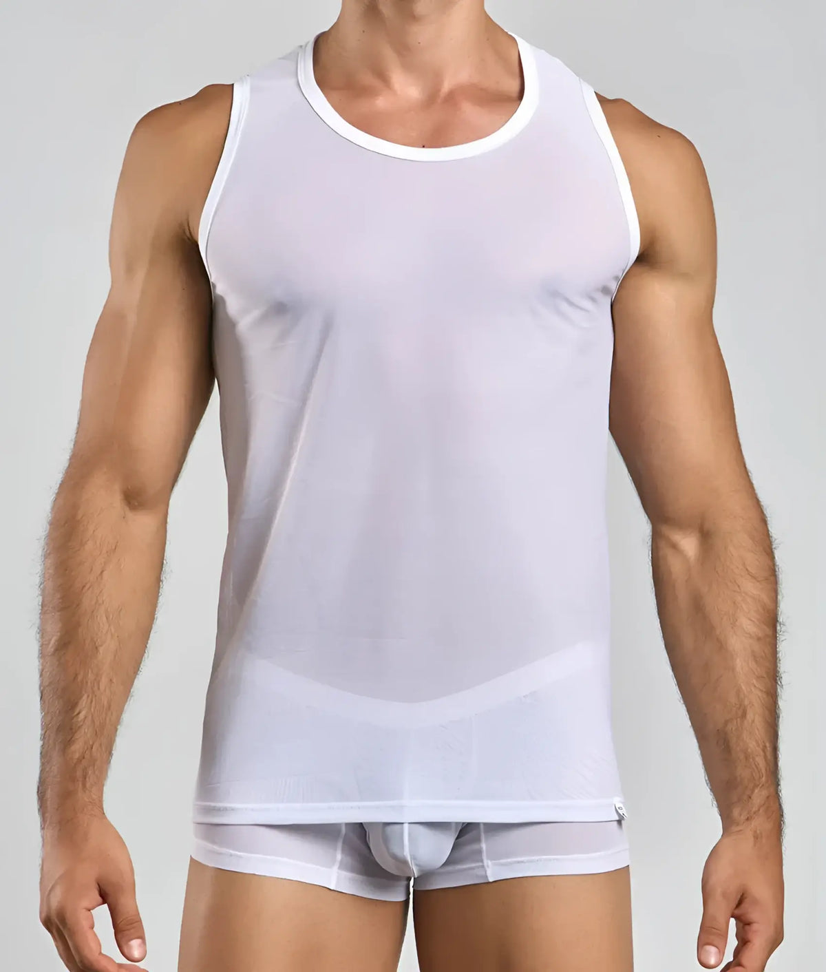 White sheer mesh mob lace tank top with round neckline and subtle curved design detail