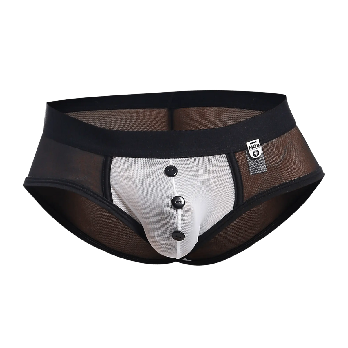 Black and white mesh briefs with button-front design from mob maitred costume for stylish wear