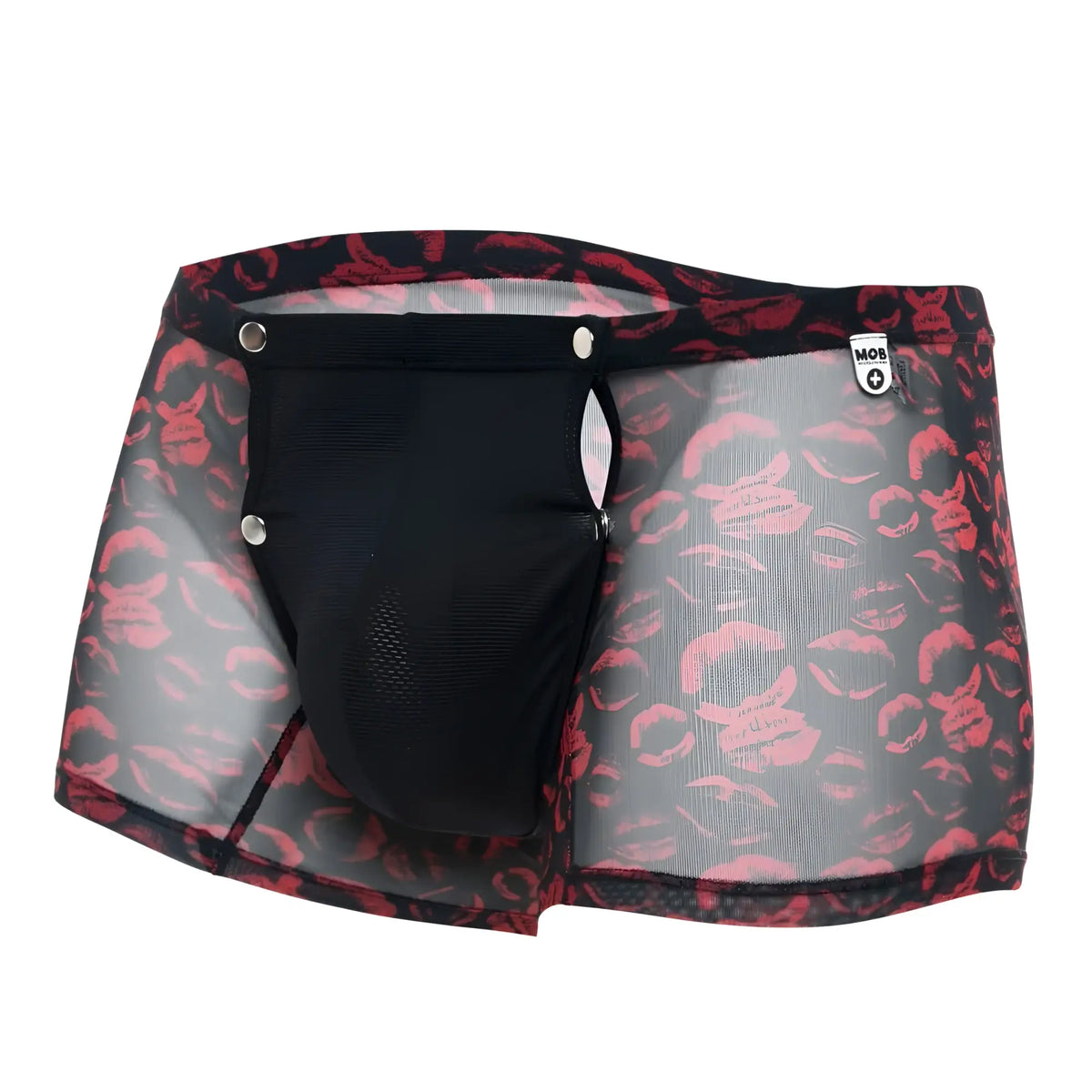Mob menâ€™s boxer tull pouch print black mesh briefs with bold red lipstick print and silver snap closures