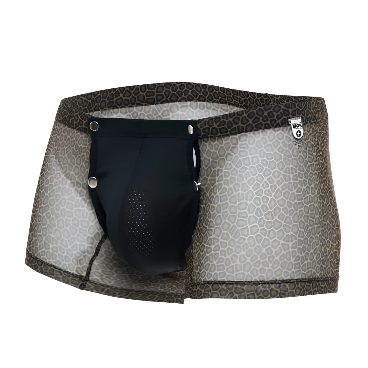 Mob menâ€™s boxer tull pouch print black mesh briefs with leopard print and solid black perforated inner pouch