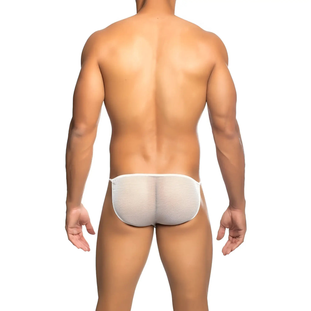 White mesh briefs menâ€™s fishnet bikini by MOB showing sheer breathable fabric and snug fit front view