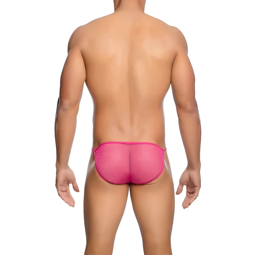 Mobs menâ€™s fishnet bikini bright pink mesh briefs showcasing a breathable and revealing design