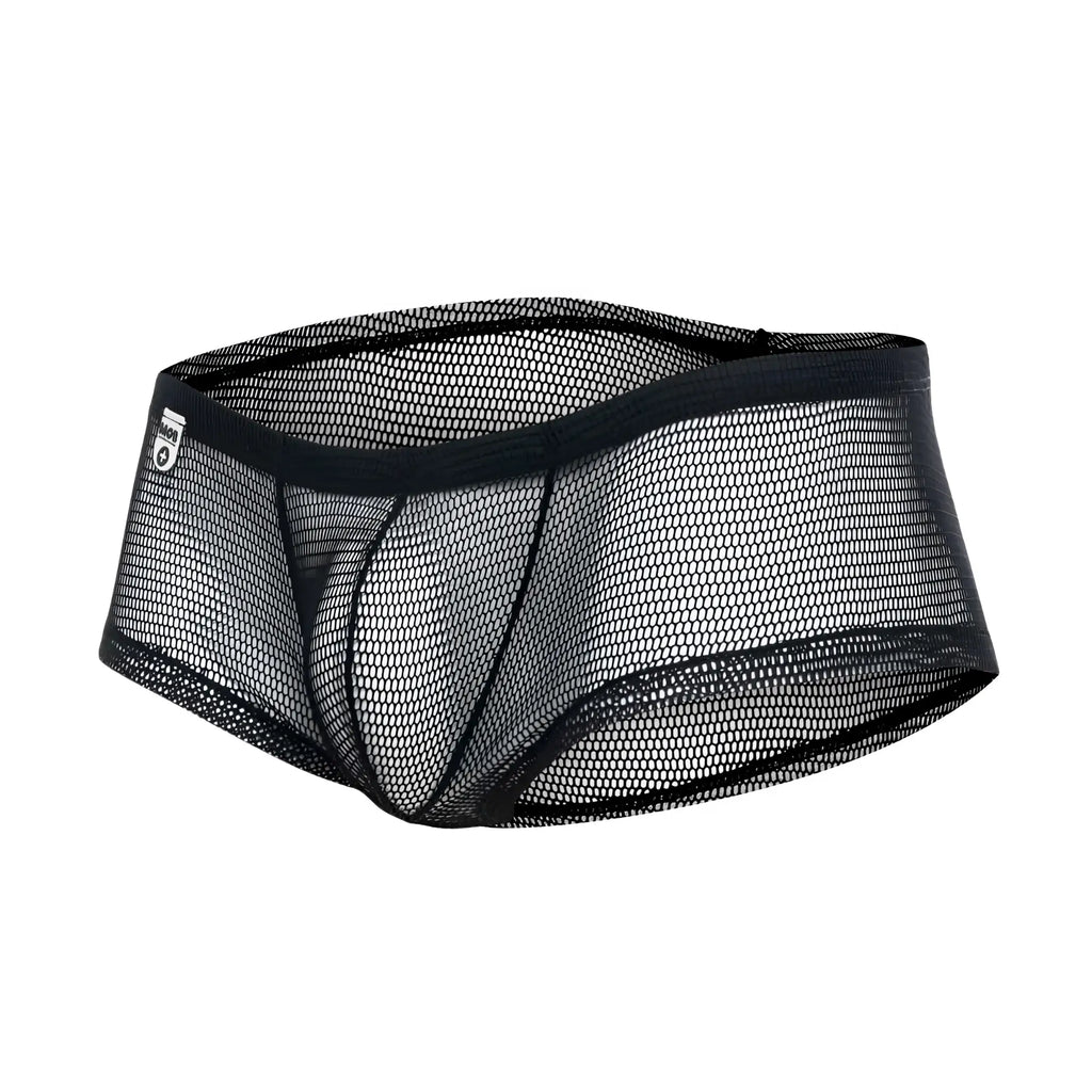 Black mesh mob menâ€™s fishnet boxer short with solid black elastic waistband and reinforced seams