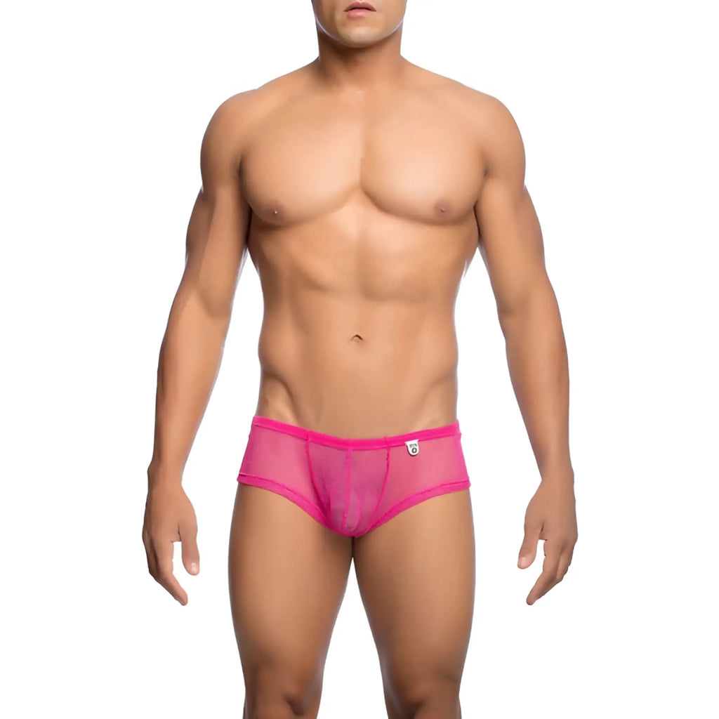 Bright pink mesh mob menâ€™s fishnet boxer short with snug form-fitting design shown from the front