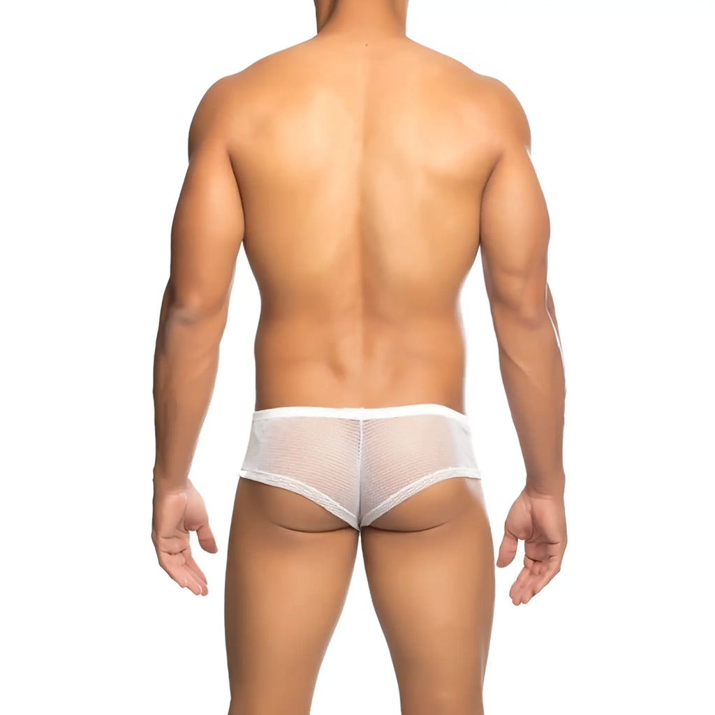 Mob menâ€™s fishnet boxer short in white mesh with a snug form-fitting design showing front view