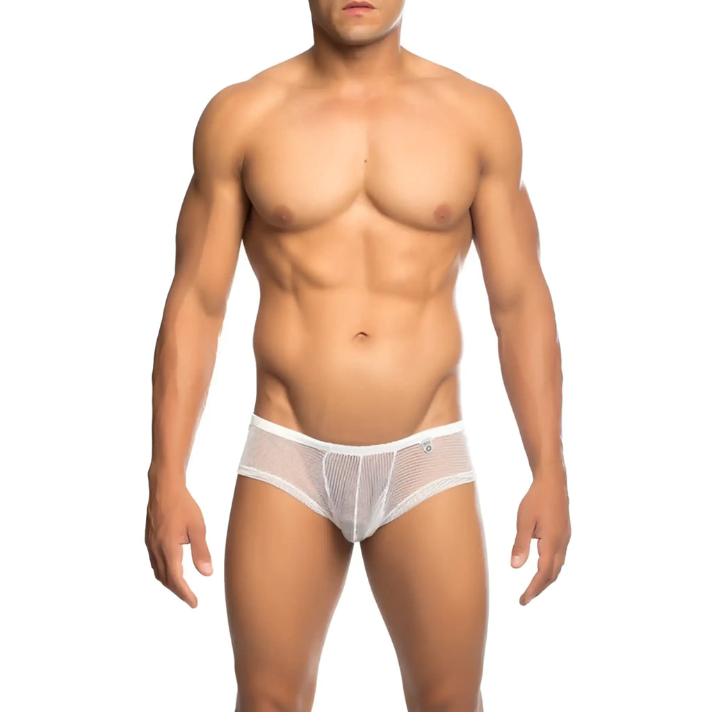 White mesh fishnet boxer shorts with subtle pattern and small logo on waistband from MOB menâ€™s underwear collection
