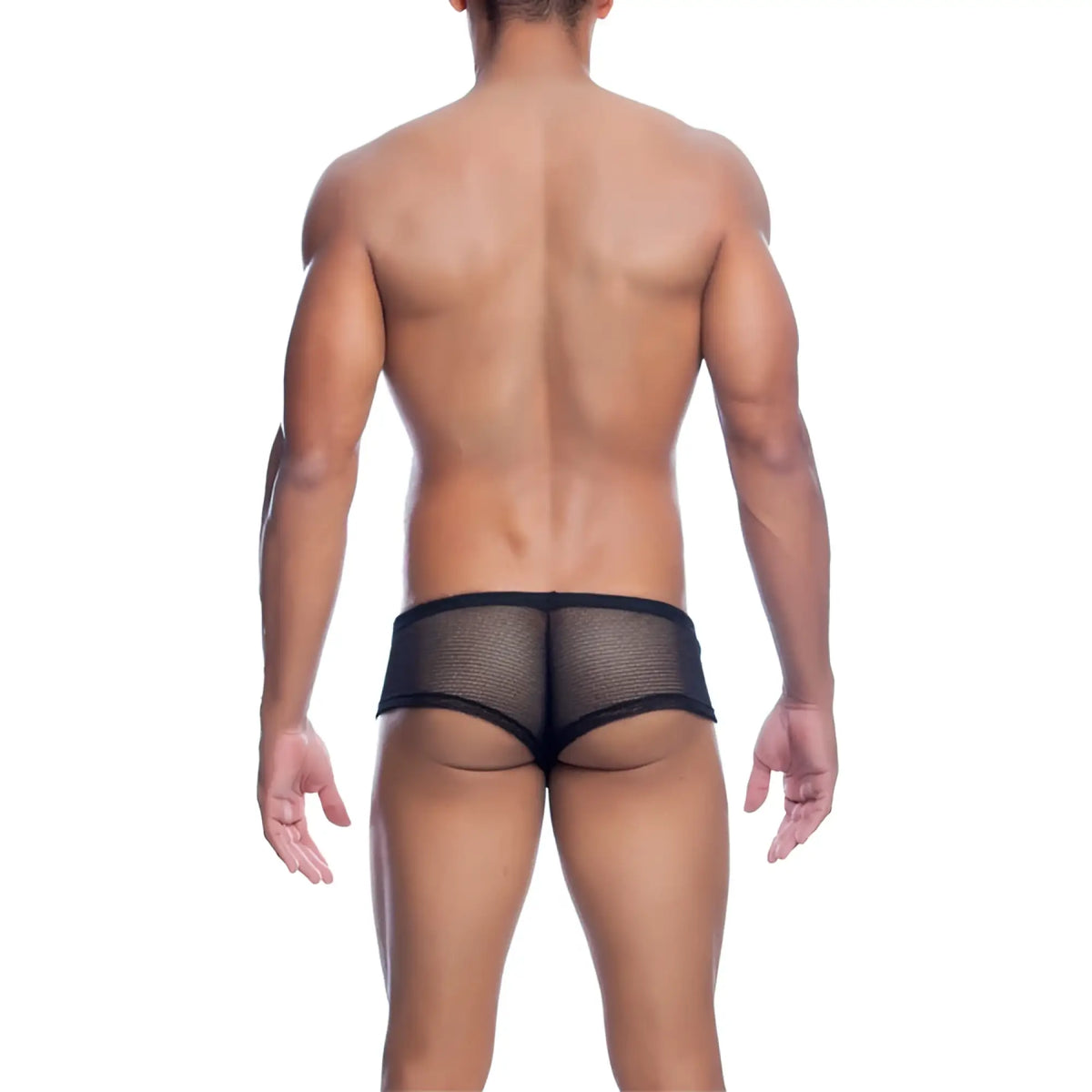 Black mesh mob menâ€™s fishnet boxer short with a snug form fitting design and breathable material