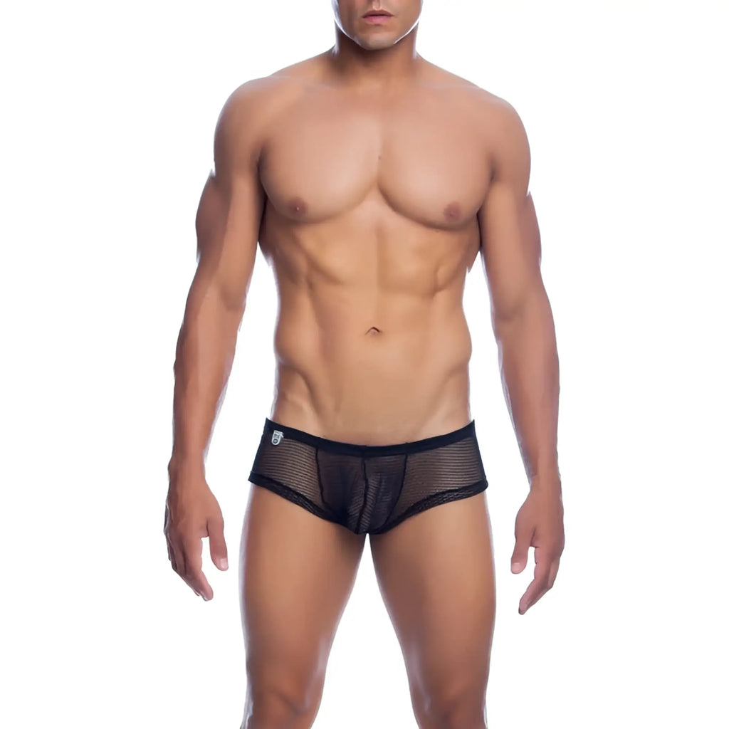 Mob menâ€™s fishnet boxer short in black mesh with a solid black waistband showing front side details