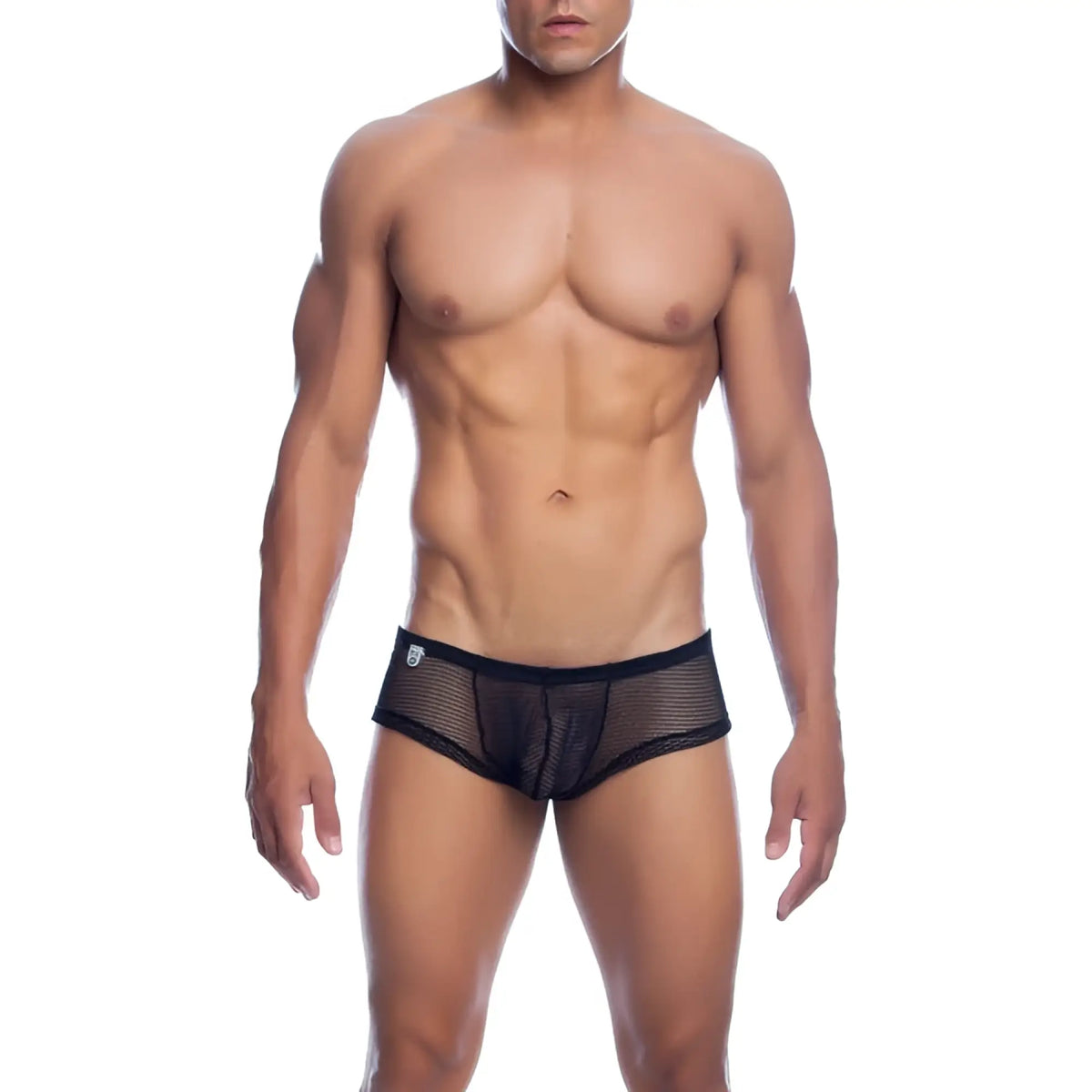 Mob menâ€™s fishnet boxer short in black mesh with a solid black waistband showing front side details
