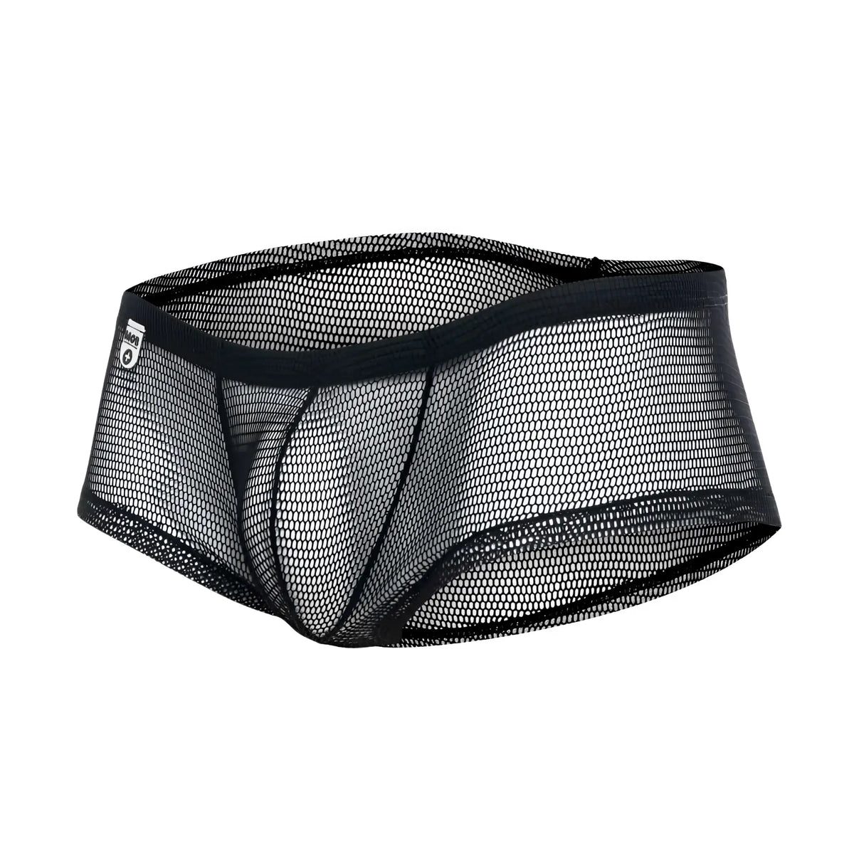 Black mesh mob menâ€™s fishnet boxer short with solid black elastic waistband and reinforced seams