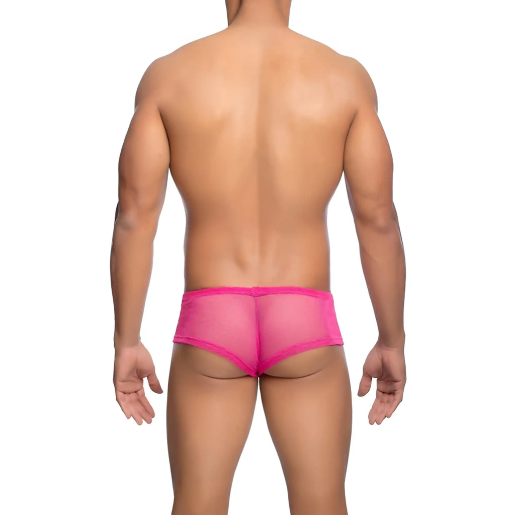 MOB menâ€™s fishnet boxer short in bright pink mesh briefs with a snug, form-fitting design shown from the back