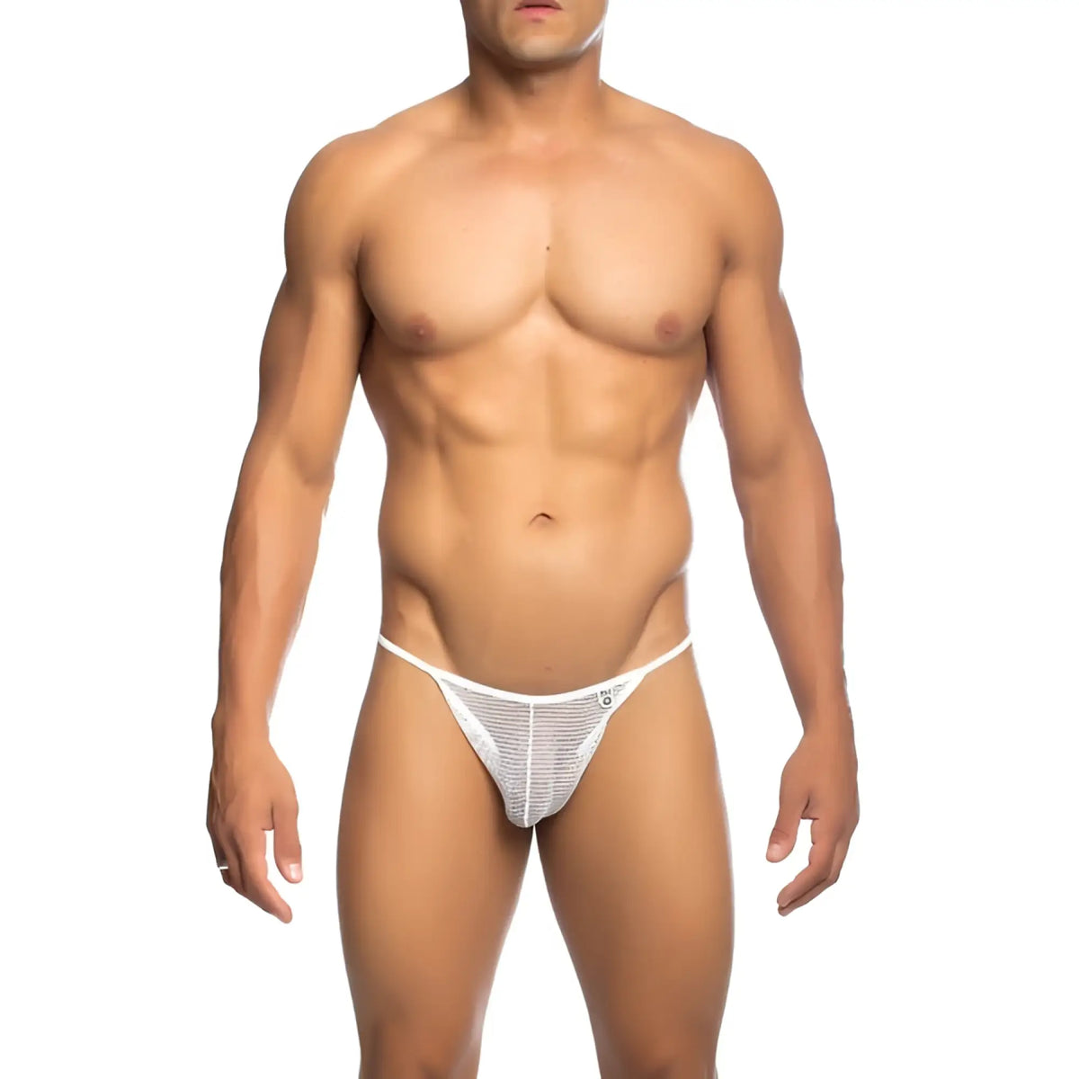 White mesh fishnet thong with subtle pattern and small logo on waistband for men by MOB shown from back side