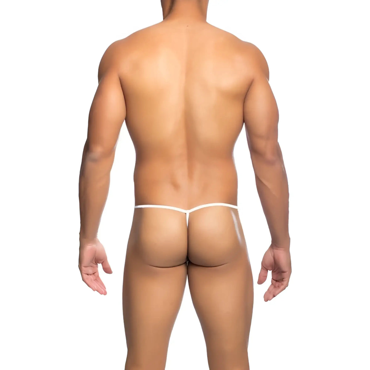 White mob menâ€™s fishnet thong underwear with thin seamless design shown from the back side