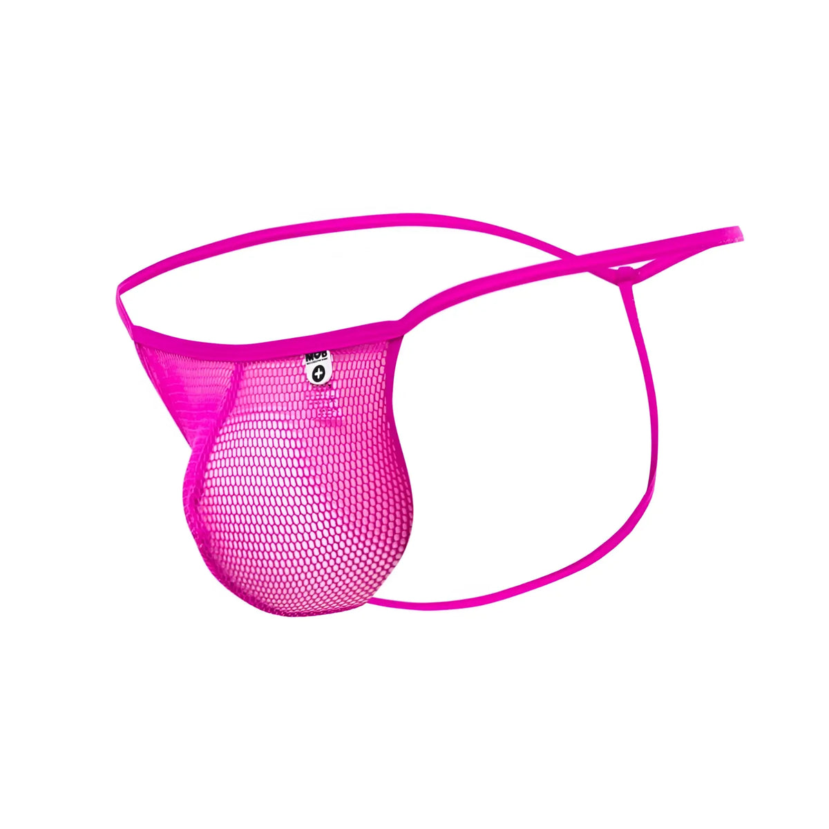 Mobs menâ€™s fishnet thong in bright pink mesh with thin matching elastic straps shown from the back side