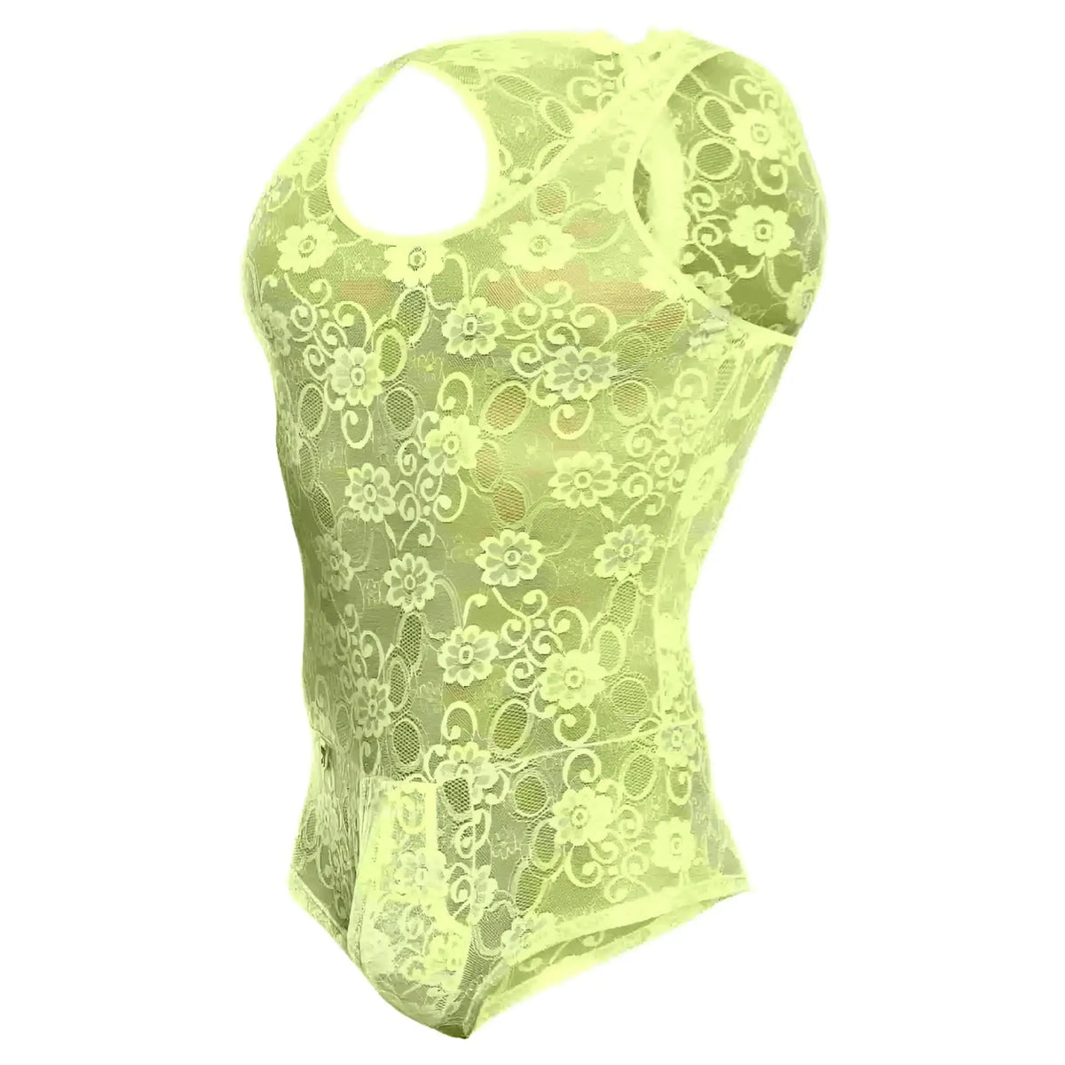 Neon yellow lace bodysuit with floral pattern and cut-out shoulders from mob menâ€™s lace bodysuit collection