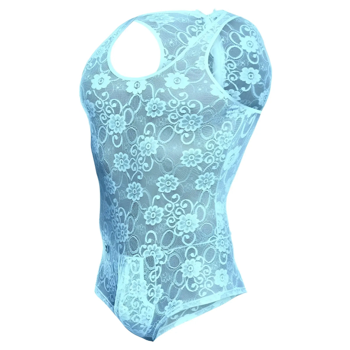 Sheer light blue lace bodysuit with floral pattern and racerback design from MOB menâ€™s lace bodysuit collection back view
