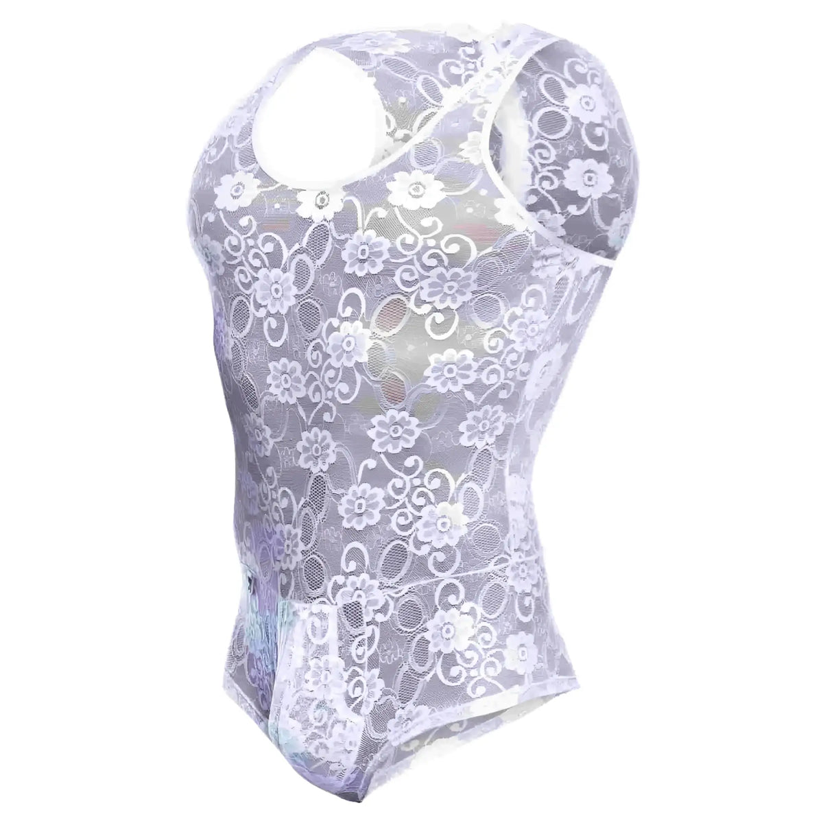 Mob menâ€™s lace bodysuit sheer lavender floral lace bodysuit with racerback design showing back side
