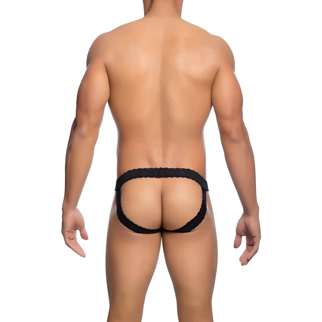 Black lace-trimmed menâ€™s briefs with contoured form-fitting design from mob menâ€™s lace jockstrap collection