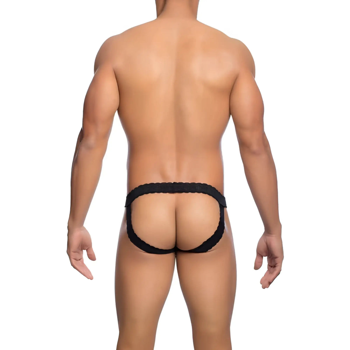 Black lace-trimmed menâ€™s briefs with contoured form-fitting design from mob menâ€™s lace jockstrap collection