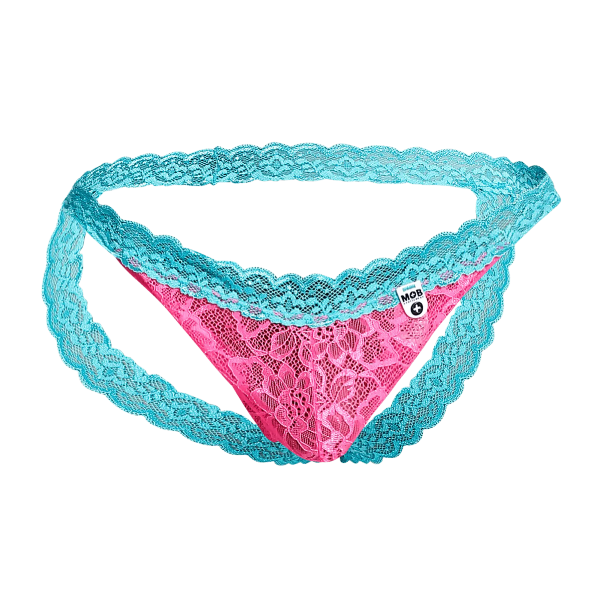 MOB menâ€™s lace jockstrap in pink and turquoise featuring intricate floral lace and a branded tag.