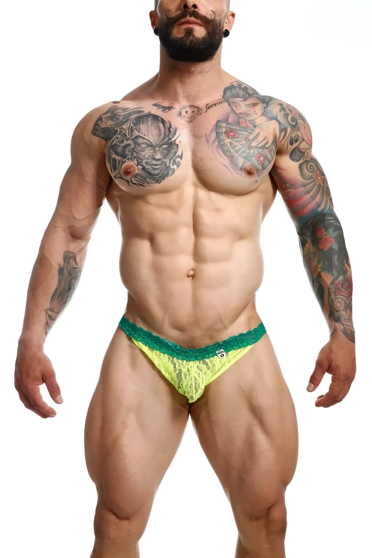 Neon green lace briefs with teal trim in mob menâ€™s lace jockstrap showing front design and material details